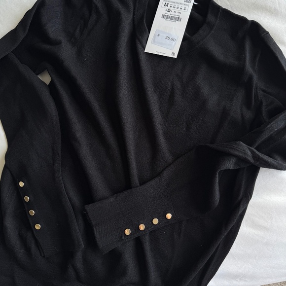 🖤 ZARA Black Crewneck Sweater with Gold Button Detail 🖤 - Picture 1 of 3